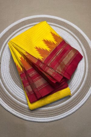 yellow and red jerry checks, temple gadiwalsaree pallu tope pallu
