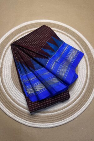 dark brown and blue jerry checks, temple gadiwalsaree pallu tope pallu