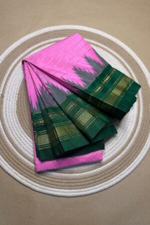 pink and green jerry checks, temple gadiwalsaree pallu tope pallu