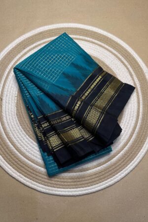teal and black jerry checks, temple gadiwalsaree pallu tope pallu