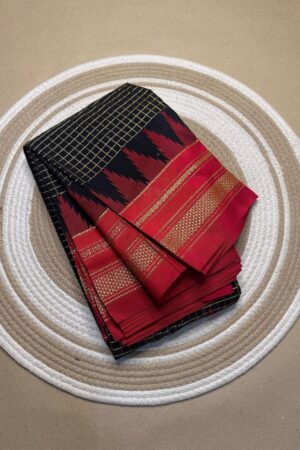 black and red jerry checks, temple gadiwalsaree pallu tope pallu