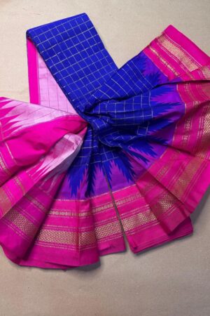 blue and pink jerry checks, temple gadiwalsaree pallu tope pallu