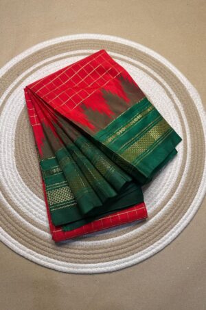 red and green jerry checks, temple gadiwalsaree pallu tope pallu