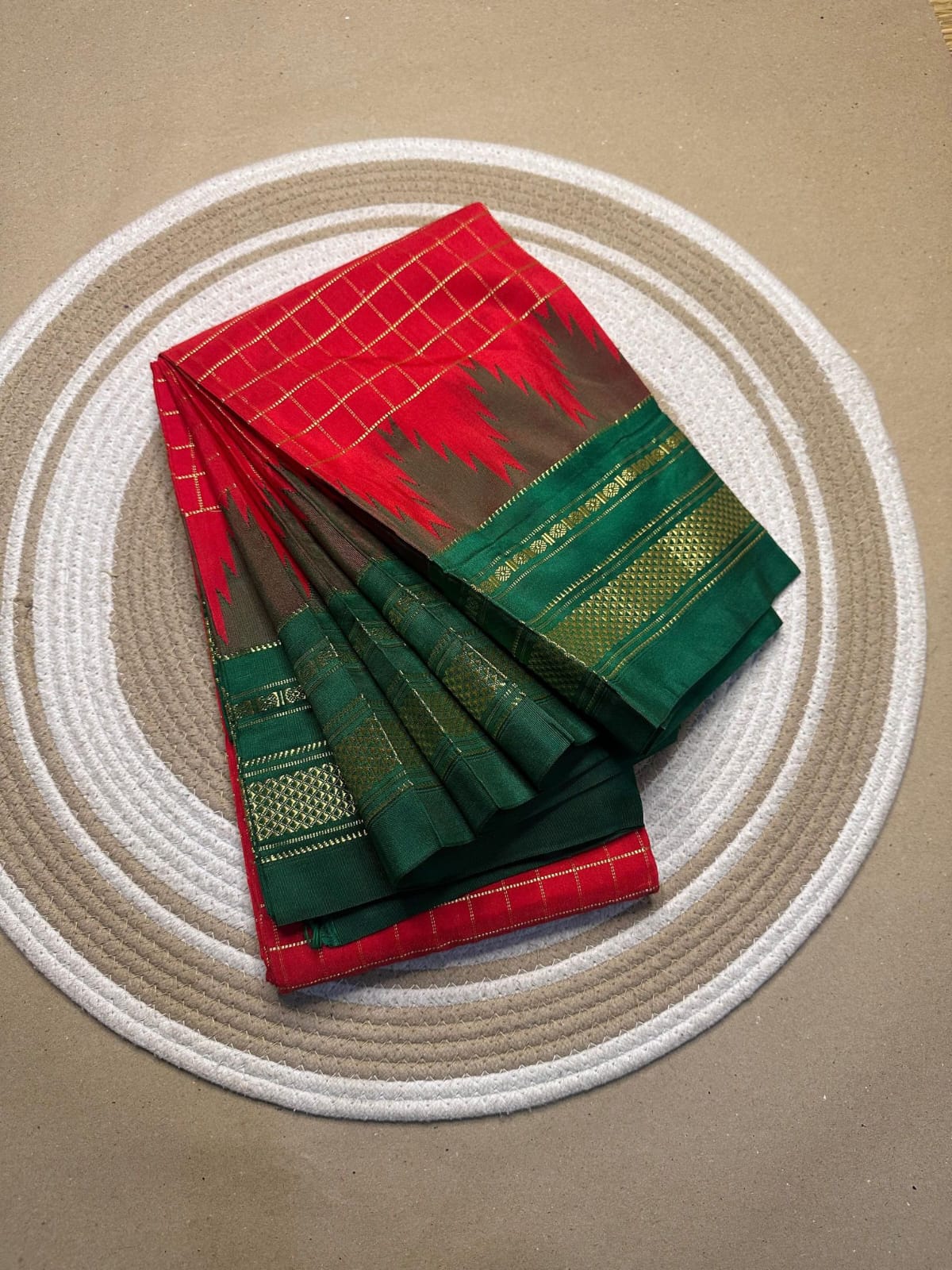 red and green jerry checks, temple gadiwalsaree pallu tope pallu red and green jerry checks, temple gadiwalsaree pallu tope pallu