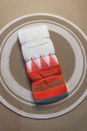 white and orange tana warp tope pallu material maserised cotton border chikki paras border saree name jerry checks, temple gadiwalsaree pallu tope pallu blouse contrast handloom no saree length 6.2