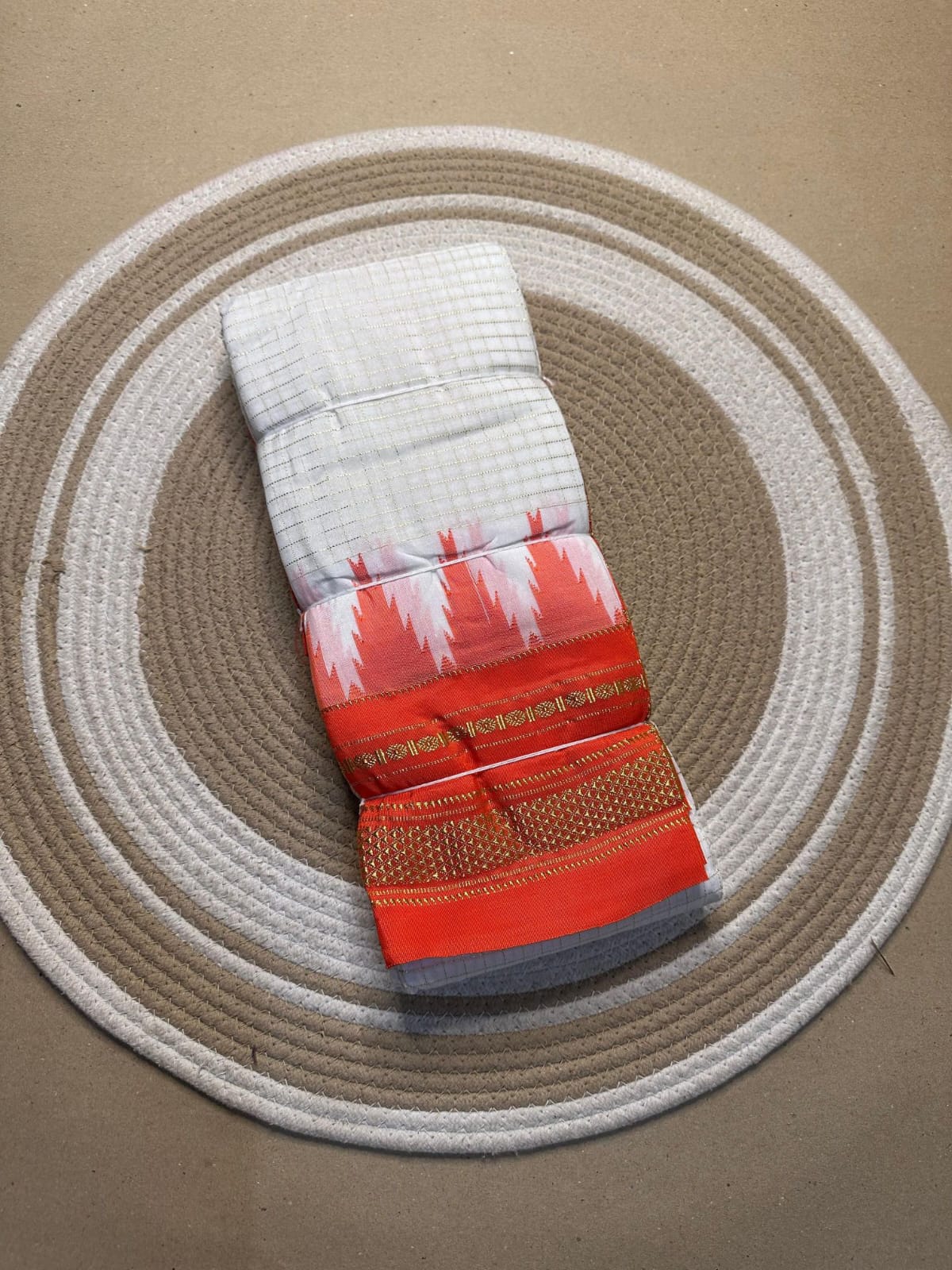 white and orange tana warp tope pallu material maserised cotton border chikki paras border saree name jerry checks, temple gadiwalsaree pallu tope pallu blouse contrast handloom no saree length 6.2 white and orange tana warp tope pallu material maserised cotton border chikki paras border saree name jerry checks, temple gadiwalsaree pallu tope pallu blouse contrast handloom no saree length 6.2