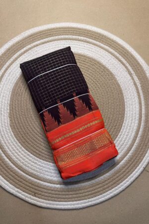 black and orange jerry checks, temple gadiwalsaree pallu tope pallu