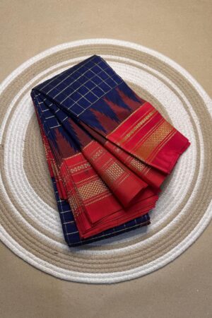 dark blue and red jerry checks, temple gadiwalsaree pallu tope pallu