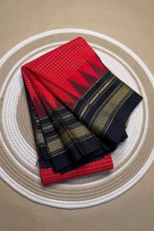 red and black jerry checks, temple gadiwalsaree pallu tope pallu