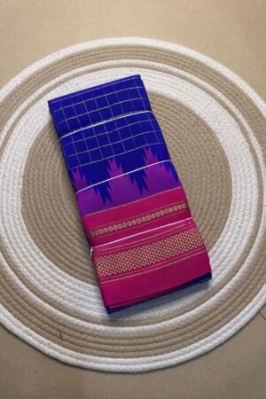 blue and pink jerry checks, temple gadiwalsaree pallu tope pallu