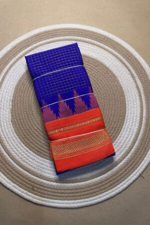 blue and orange jerry checks, temple gadiwalsaree pallu tope pallu