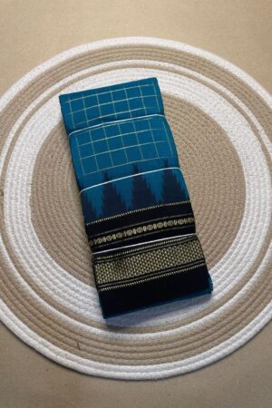 teal and black jerry big checks, temple gadiwalsaree pallu tope pallu