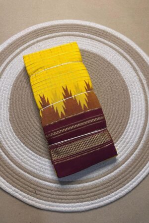 yellow and dark brown jerry big checks, temple gadiwalsaree pallu tope pallu