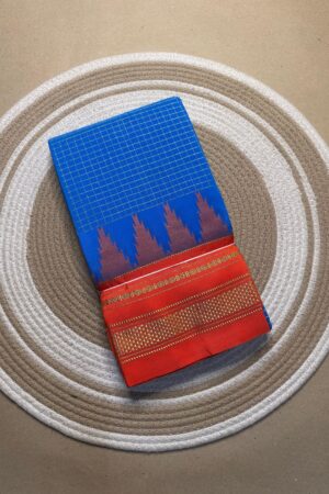 sky blue orange jerry big checks, temple gadiwalsaree pallu tope pallu