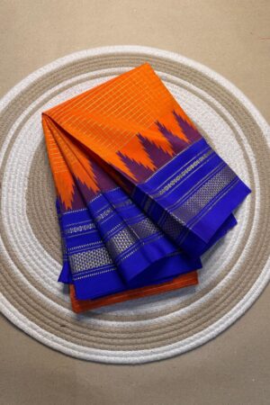 orange and blue jerry checks, temple gadiwalsaree pallu tope pallu