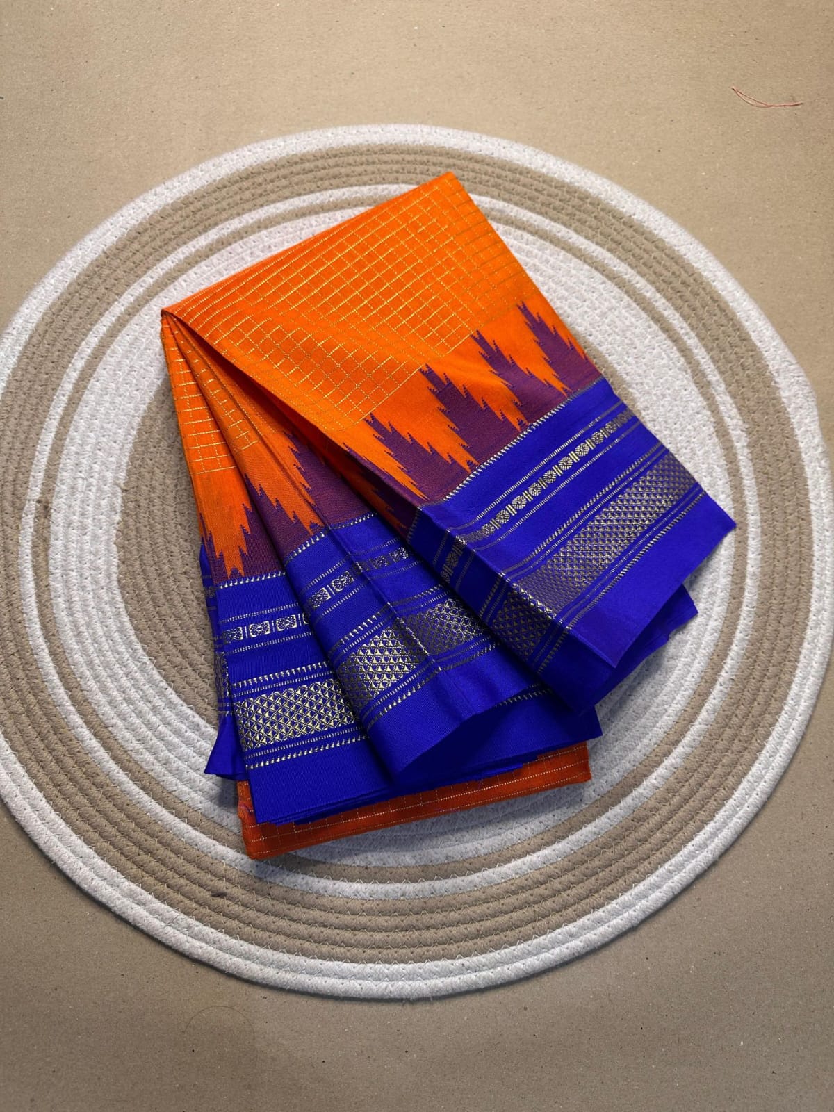 orange and blue jerry checks, temple gadiwalsaree pallu tope pallu orange and blue jerry checks, temple gadiwalsaree pallu tope pallu