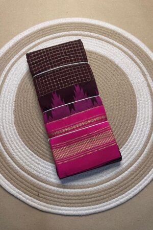 dark brown and pink jerry checks, temple gadiwalsaree pallu tope pallu