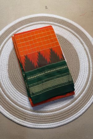 orange and dark green jerry big checks, temple gadiwalsaree pallu tope pallu