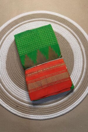 parrot green and orange jerry checks, temple gadiwalsaree pallu tope pallu