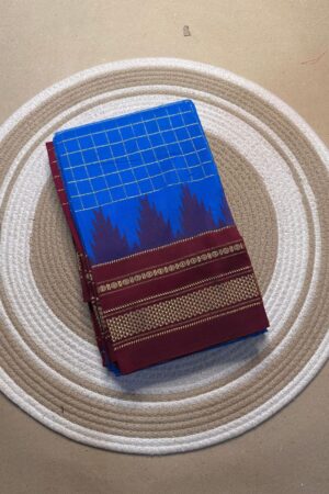 sky blue and dark brown jerry big checks, temple gadiwalsaree pallu tope pallu