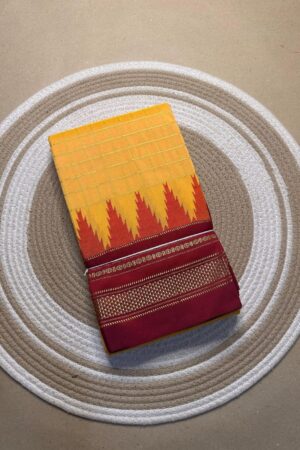 yellow and orange jerry big checks, temple gadiwalsaree pallu tope pallu