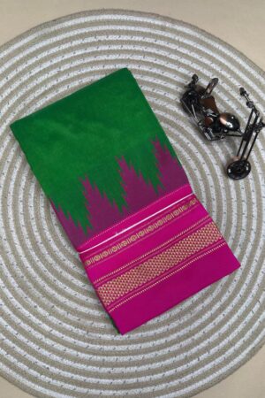 green and pink temple border, plane saree soft silk pallu