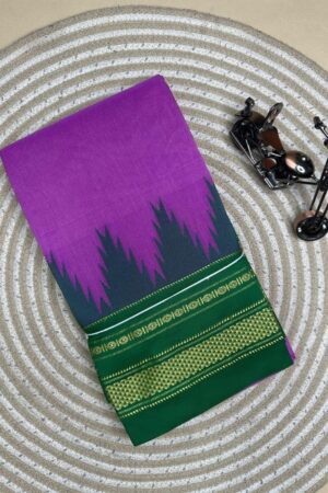purple and green temple border, plane saree soft silk pallu