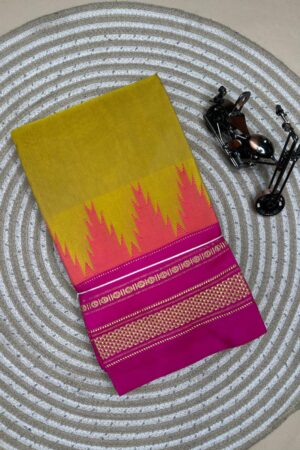 henna yellow and pink temple border, plane saree soft silk pallu