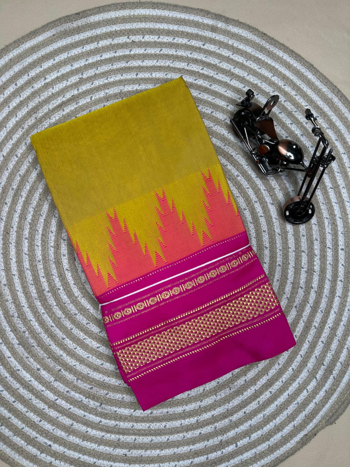 henna yellow and pink temple border, plane saree soft silk pallu henna yellow and pink temple border, plane saree soft silk pallu