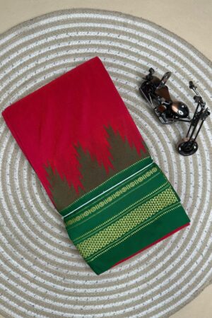 red and green temple border, plane saree soft silk pallu