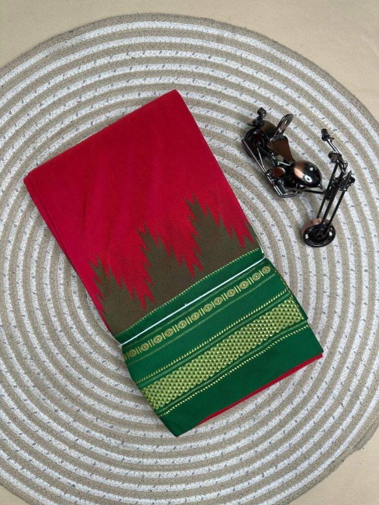 red and green temple border, plane saree soft silk pallu
