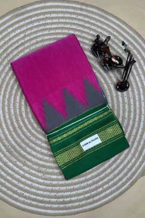 pink and green temple border, plane saree soft silk pallu