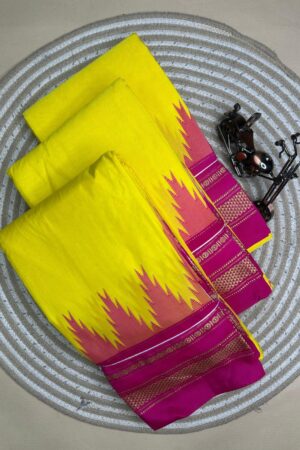 yellow and pink temple border, plane saree soft silk pallu