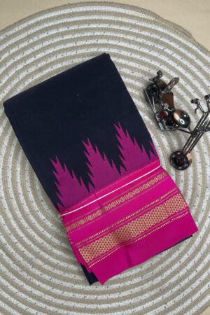 black and pink temple border, plane saree soft silk pallu