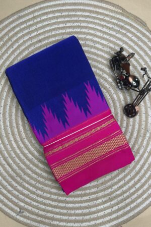 blue and pink temple border, plane saree soft silk pallu