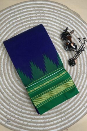 dark blue and green temple border, plane saree soft silk pallu