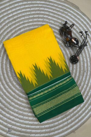 yellow and green temple border, plane saree soft silk pallu