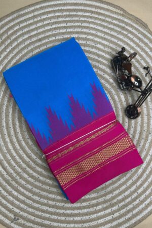 sky blue and pink temple border, plane saree soft silk pallu