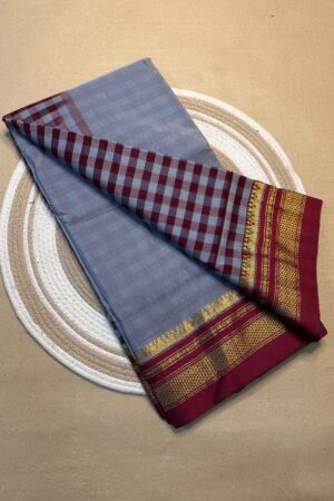 grey and maroon tana patali pallu catlon pallu