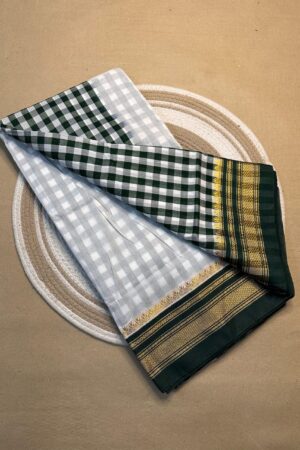 white and green tana patali pallu catlon pallu