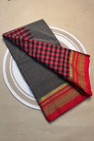 grey and red tana patali pallu catlon pallu
