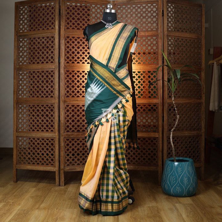 peach and green tana patali pallu catlon pallu peach and green tana patali pallu catlon pallu