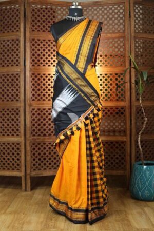 yellow and black tana patali pallu catlon pallu