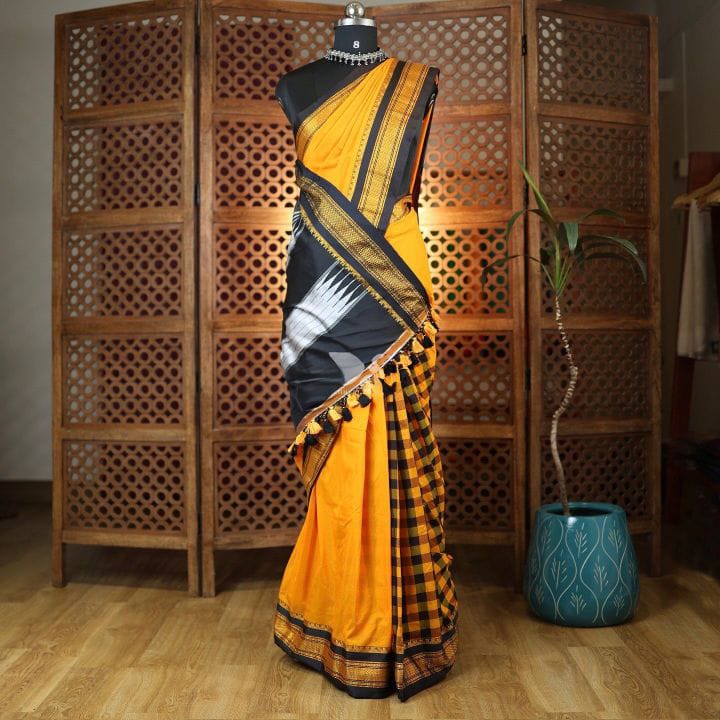 yellow and black tana patali pallu catlon pallu yellow and black tana patali pallu catlon pallu
