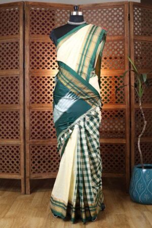 off white and green tana patali pallu catlon pallu