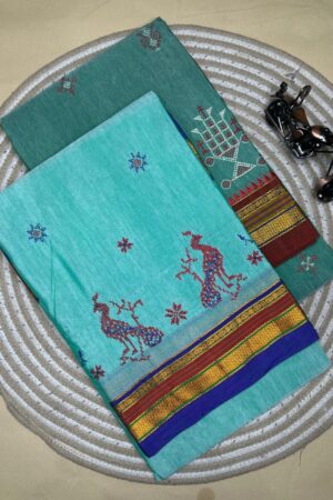 aqua blue ilkal kasuti saree pallu patti pallu