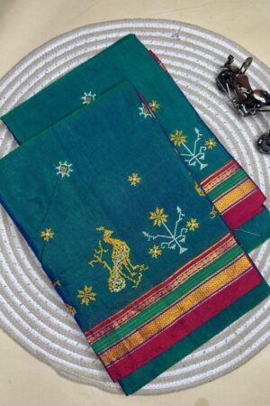 blue and maroon ilkal kasuti saree pallu patti pallu