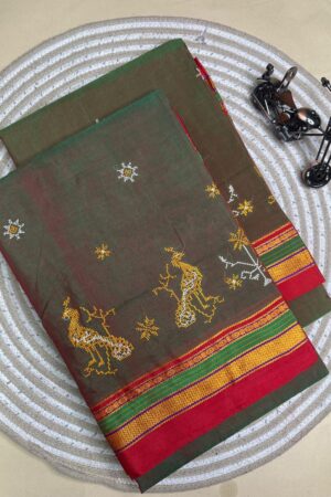 greenish red ilkal kasuti saree pallu patti pallu