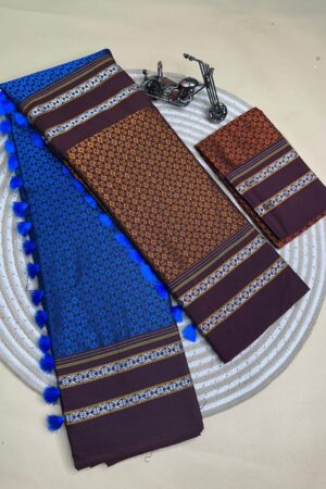 brown and blue half and half kanna saree