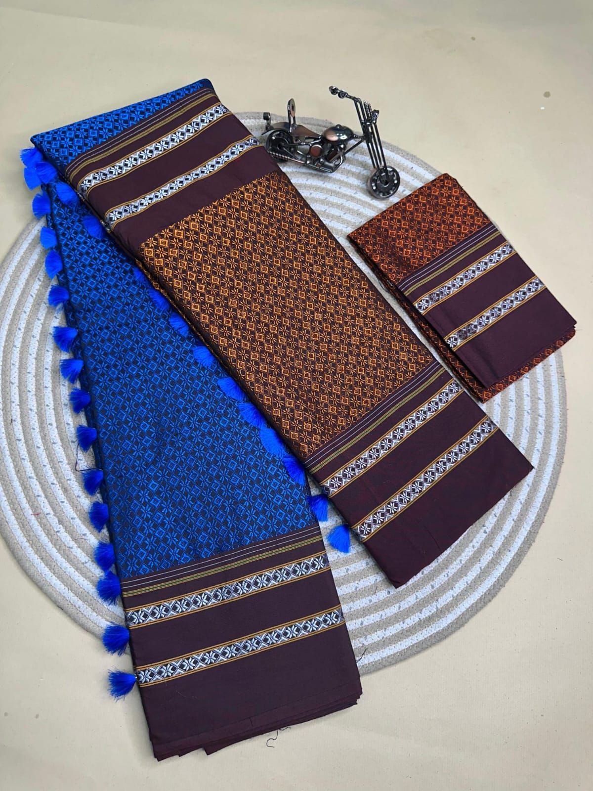 brown and blue half and half kanna saree brown and blue half and half kanna saree